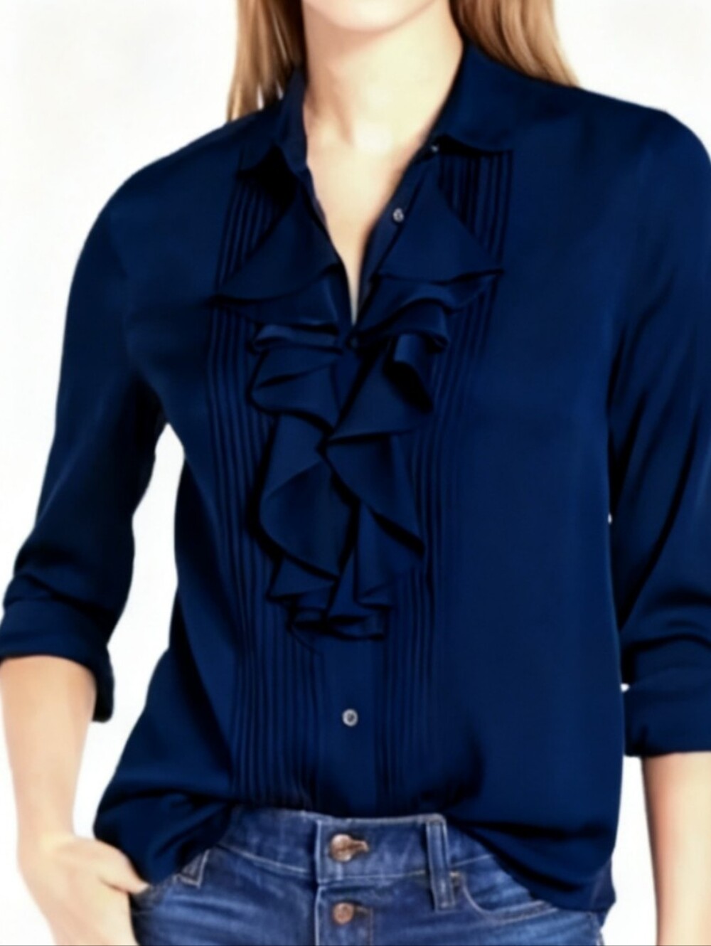 J. Crew Silk Ruffle Tuxedo Navy Button Down Shirt Top Size 8